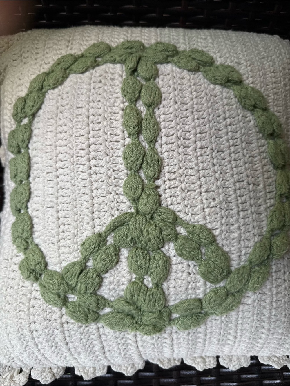 London Kaye Handmade Crocheted Peace Sign Pillow - Green on Cream - Picture 2 of 5